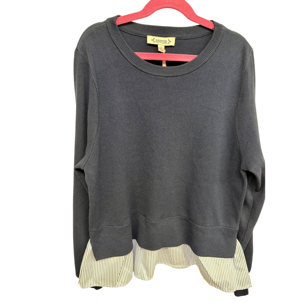 Nanette Lepore Navy Blue Knit Striped Shirt Tail Sweater Women's Medium Academia